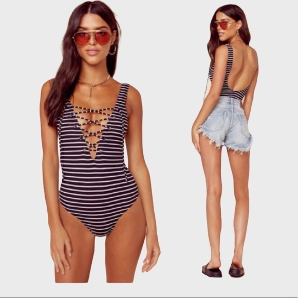 BLUE life stripe lace up bodysuit - Picture 1 of 9